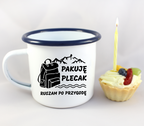Kubek emaliowany biały z nadrukiem „Pakuję plecak, ruszam po przygodę” – góry #3
