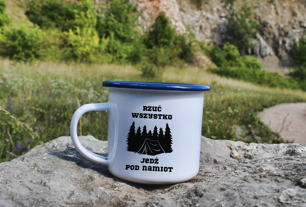 Kubek emaliowany biały z nadrukiem „Rzuć wszystko, jedź pod namiot” – camping, namioty #9