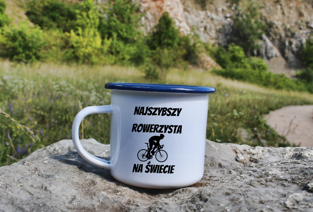 Kubek emaliowany biały z nadrukiem „Najszybszy rowerzysta na świecie” – dla rowerzysty #12