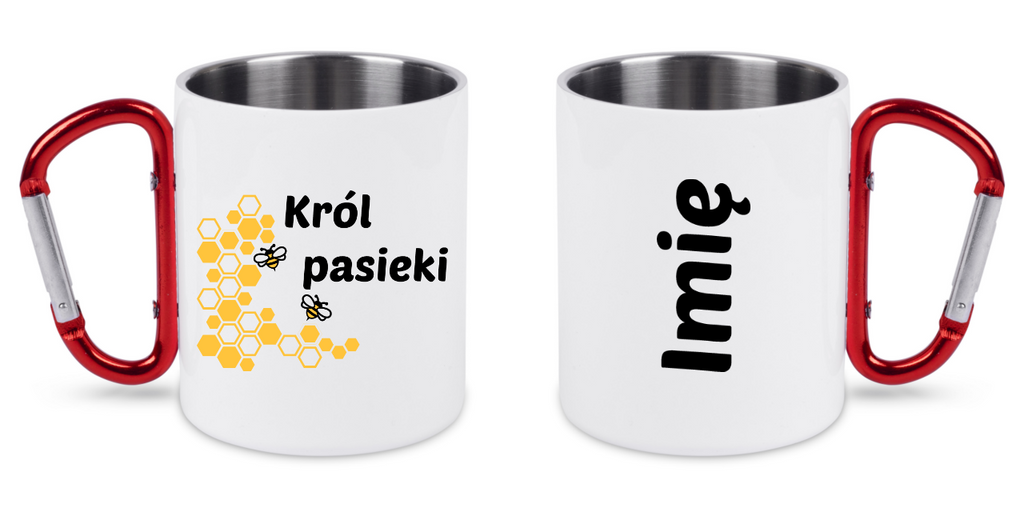 Kubek biały 300 ml z czerwonym karabińczykiem i nadrukiem „Król pasieki” – pszczelarstwo #10