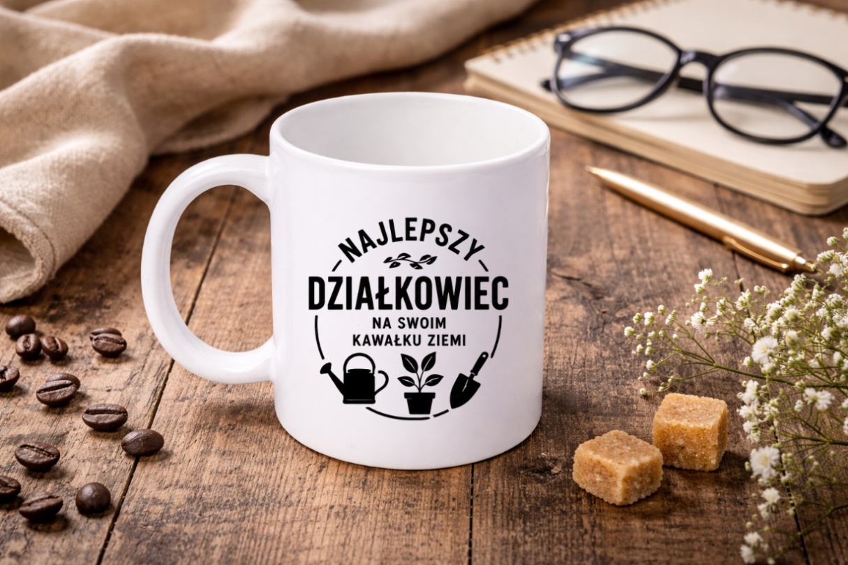 Kubek biały z nadrukiem „Najlepszy działkowiec na swoim kawałku ziemi” – ogród, działka #9