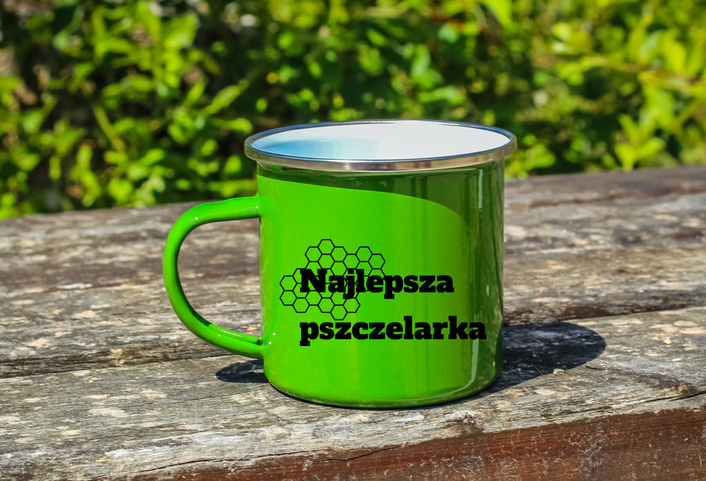 Kubek zielony emaliowany z nadrukiem "Najlepsza pszczelarka" – pszczelarstwo #3
