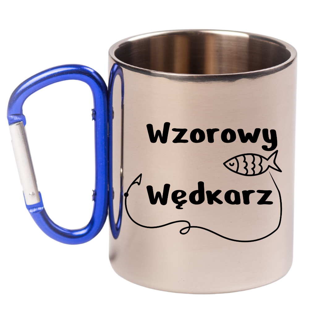 Kubek z niebieskim karabińczykiem i nadrukiem "Wzorowy Wędkarz" #1
