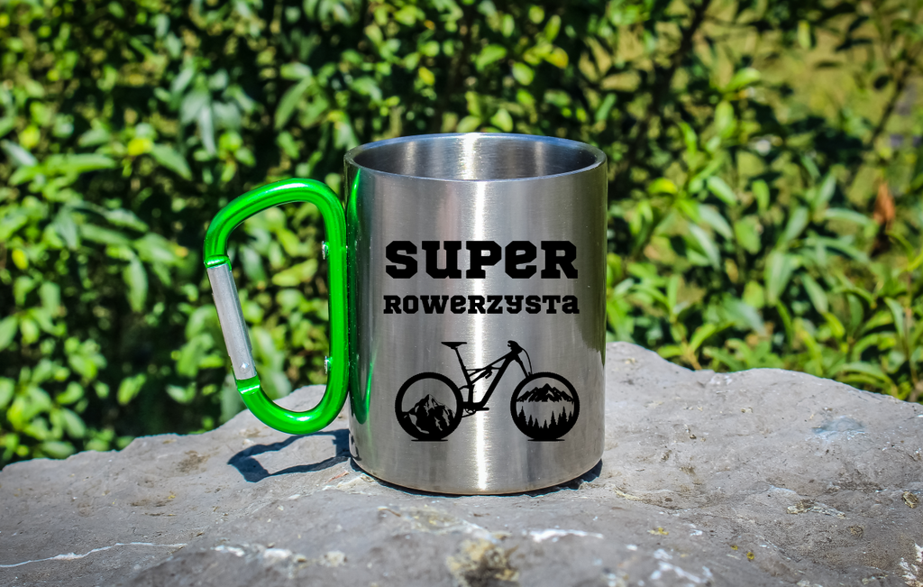 Kubek z zielonym karabińczykiem nadruk "Super Rowerzysta" – rower #8