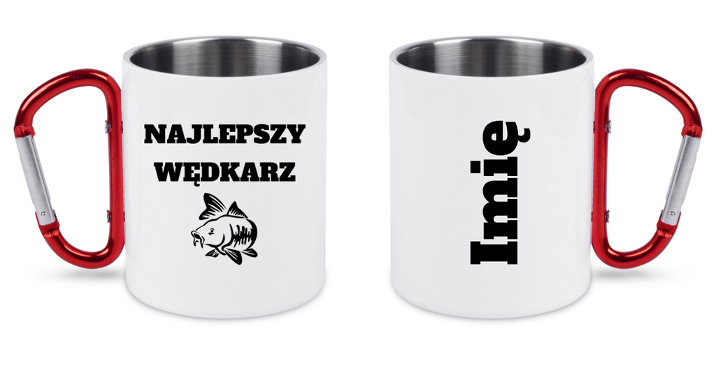 Kubek biały z czerwonym karabińczykiem i nadrukiem "Najlepszy wędkarz" – wędkarstwo #8