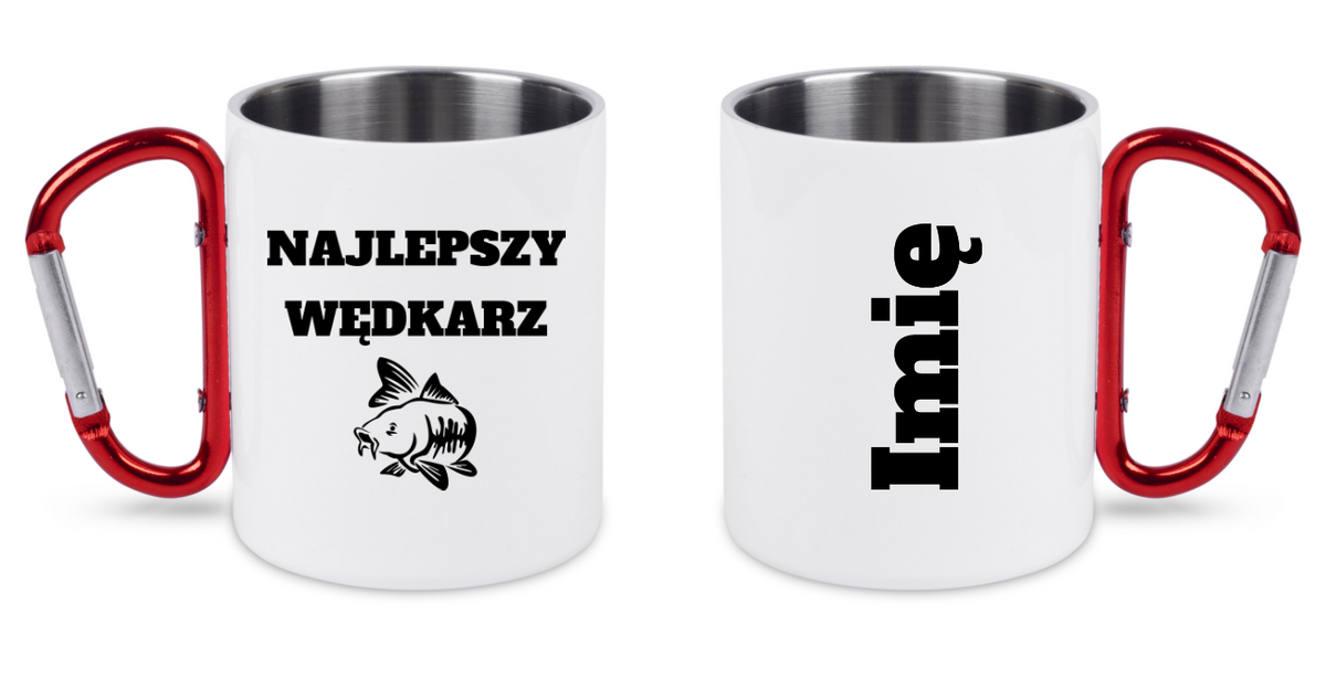 Kubek biały z czerwonym karabińczykiem i nadrukiem "Najlepszy wędkarz" – wędkarstwo #8
