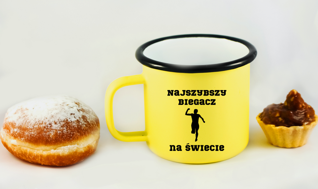 Kubek emaliowany żółty z nadrukiem "Najszybszy Biegacz na Świecie" – bieganie #4