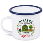 Kubek emaliowany biały z nadrukiem „Działka to nie hobby, to styl życia” – ogród, działka #2