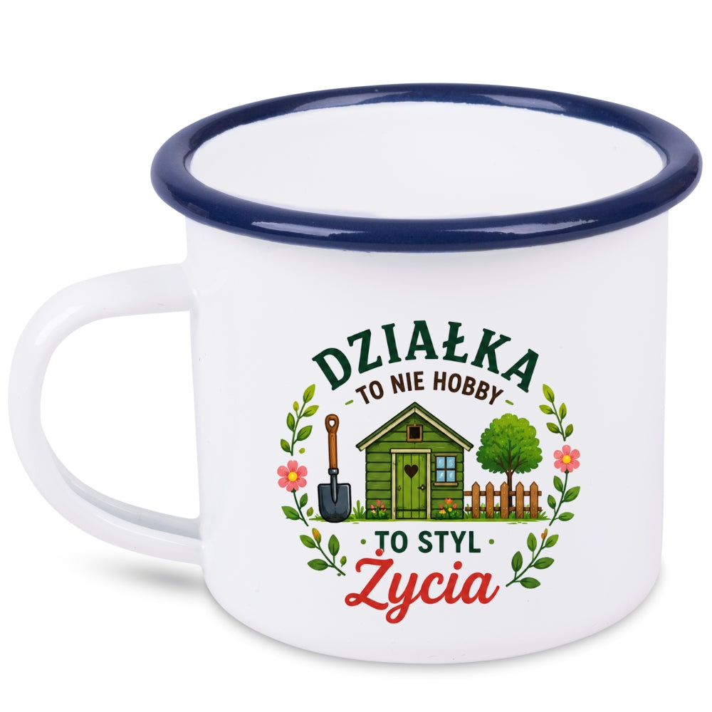 Kubek emaliowany biały z nadrukiem „Działka to nie hobby, to styl życia” – ogród, działka #2