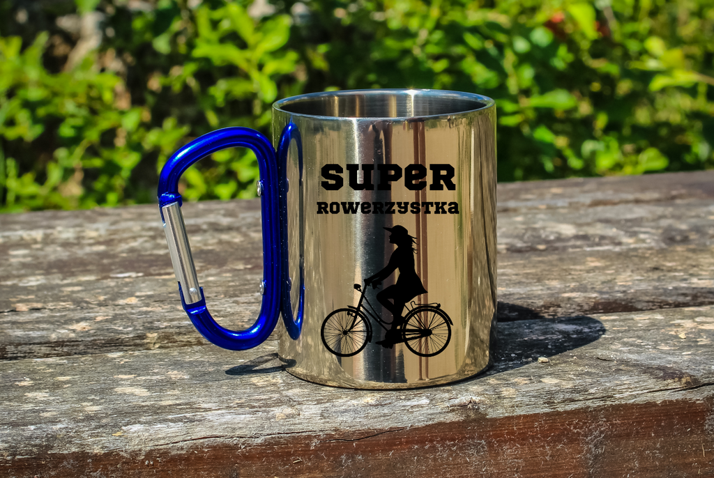 Kubek z niebieskim karabińczykiem, nadruk "Super Rowerzystka" – dla rowerzystki #7
