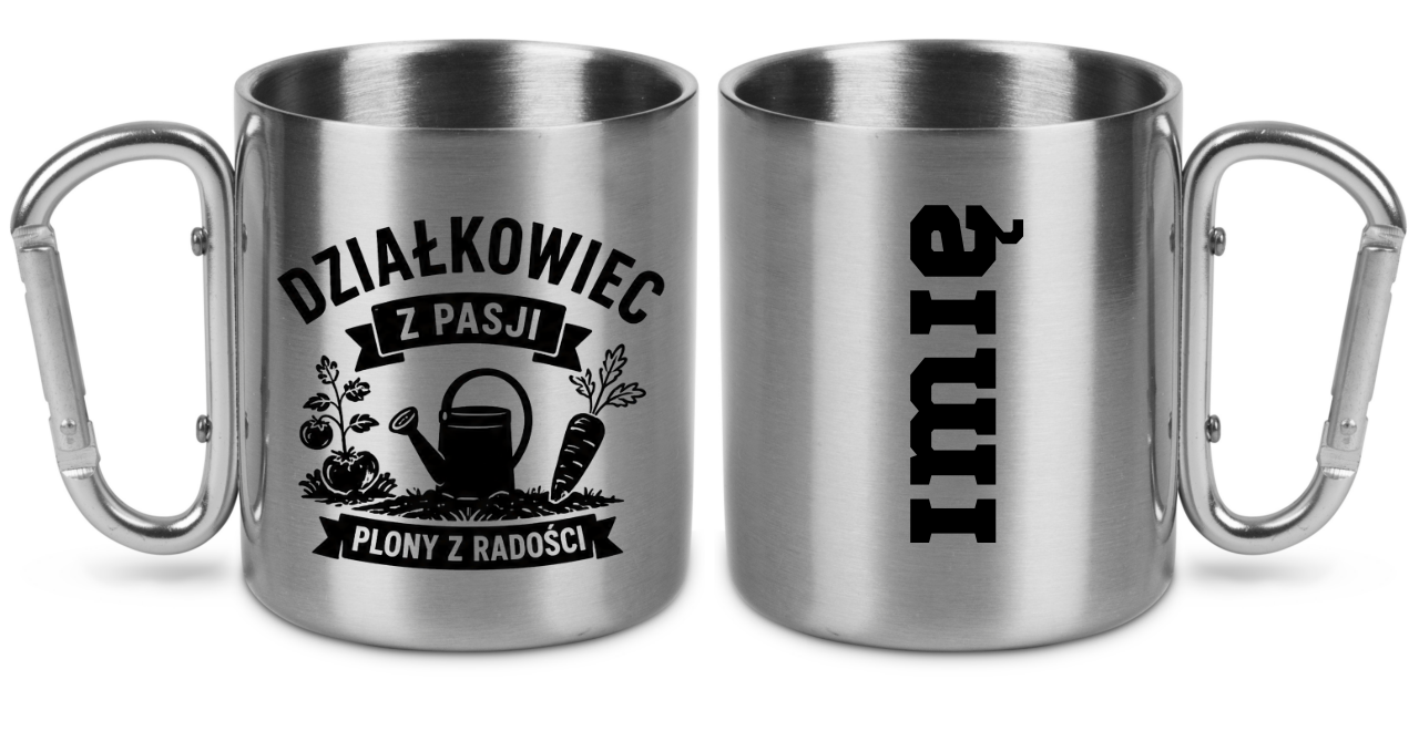 Kubek metalowy z karabińczykiem i nadrukiem "Działkowiec z pasji, plony z radości" - na działkę #1