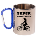 Kubek z niebieskim karabińczykiem, nadruk "Super Rowerzystka" – dla rowerzystki #7