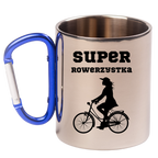 Kubek z niebieskim karabińczykiem, nadruk "Super Rowerzystka" – dla rowerzystki #7