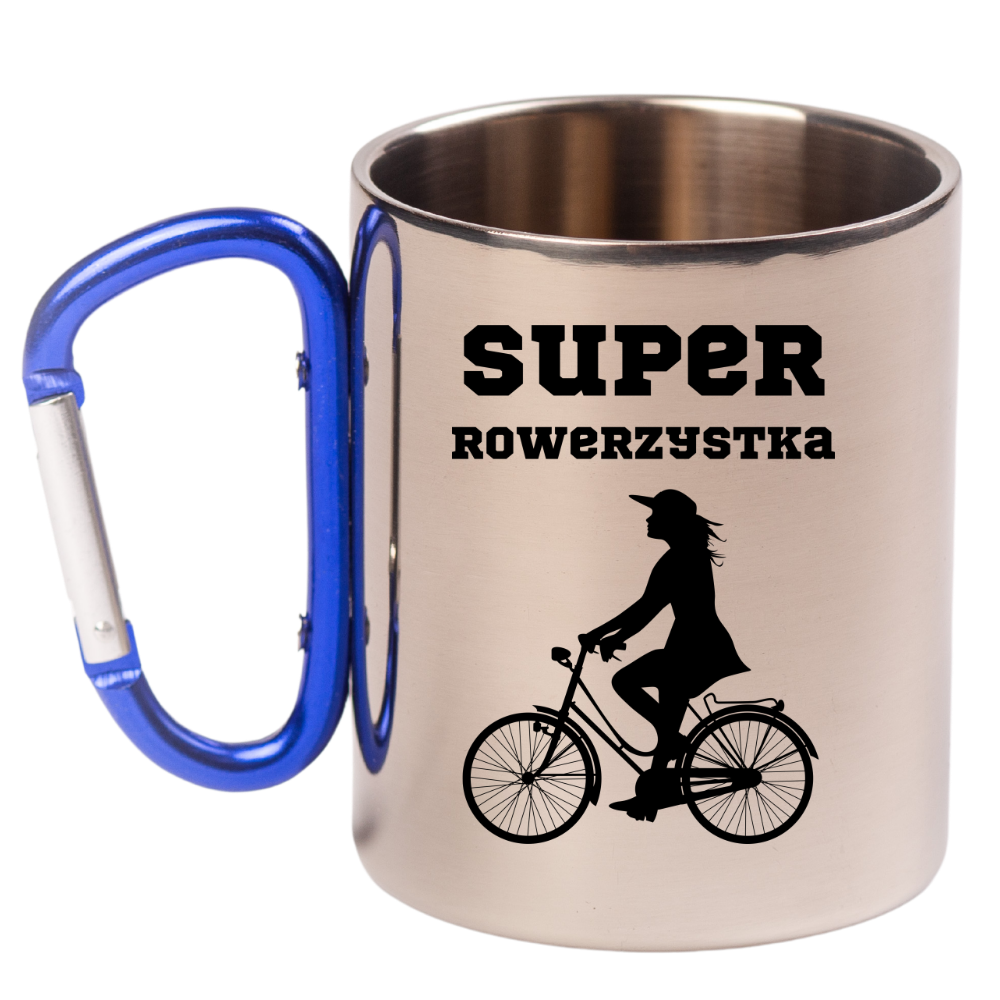 Kubek z niebieskim karabińczykiem, nadruk "Super Rowerzystka" – dla rowerzystki #7