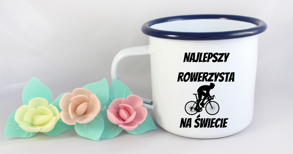 Kubek emaliowany biały z nadrukiem „Najlepszy rowerzysta na świecie” – dla rowerzysty #11