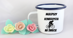 Kubek emaliowany biały z nadrukiem „Najlepszy rowerzysta na świecie” – dla rowerzysty #11