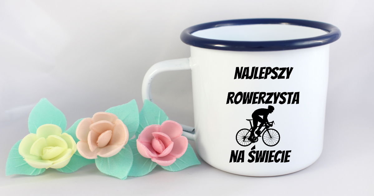 Kubek emaliowany biały z nadrukiem „Najlepszy rowerzysta na świecie” – dla rowerzysty #11