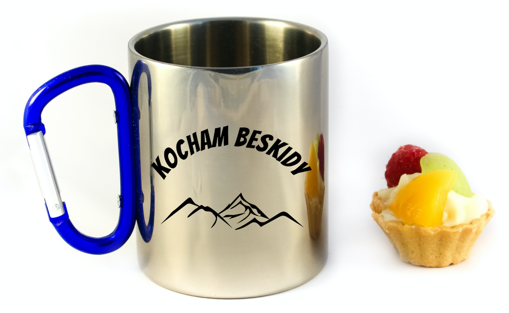 Kubek z niebieskim karabińczykiem i nadrukiem "Kocham Beskidy" – góry #1