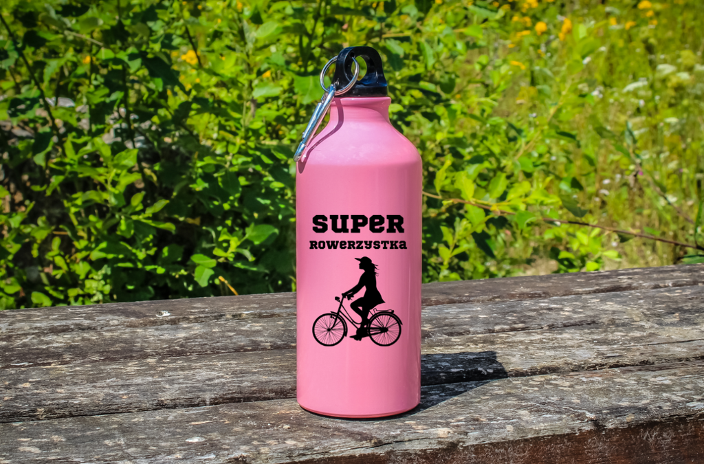 Butelka różowa 600 ml z nadrukiem "Super Rowerzystka" - rower #7