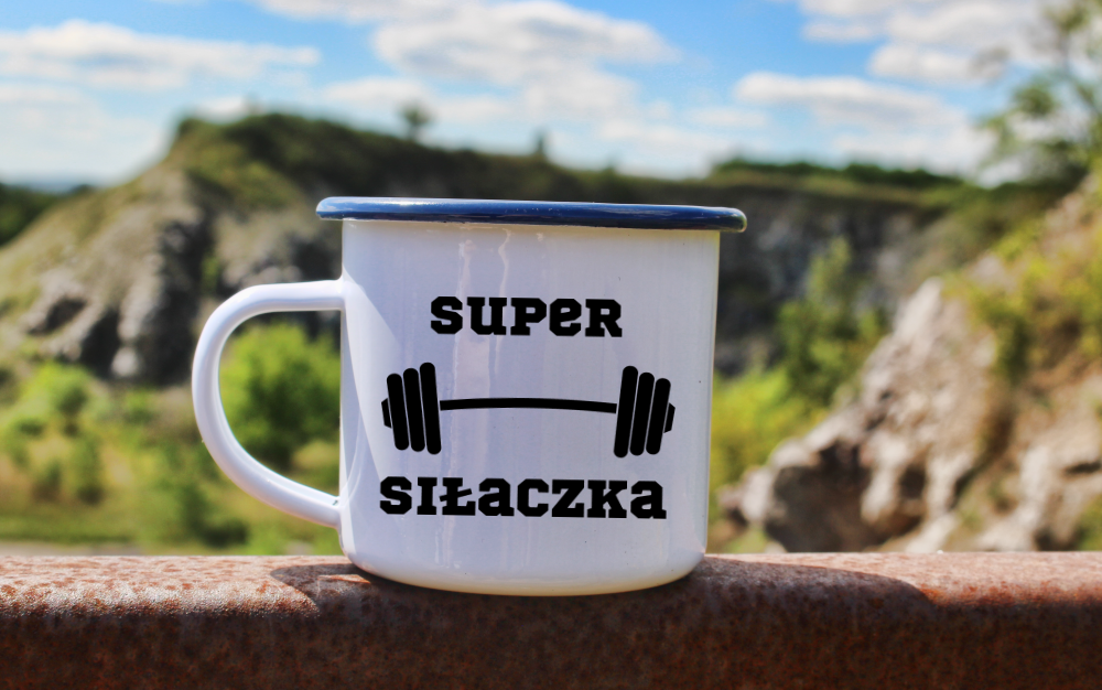 Kubek emaliowany biały z nadrukiem „Super Siłaczka” – siłownia #2