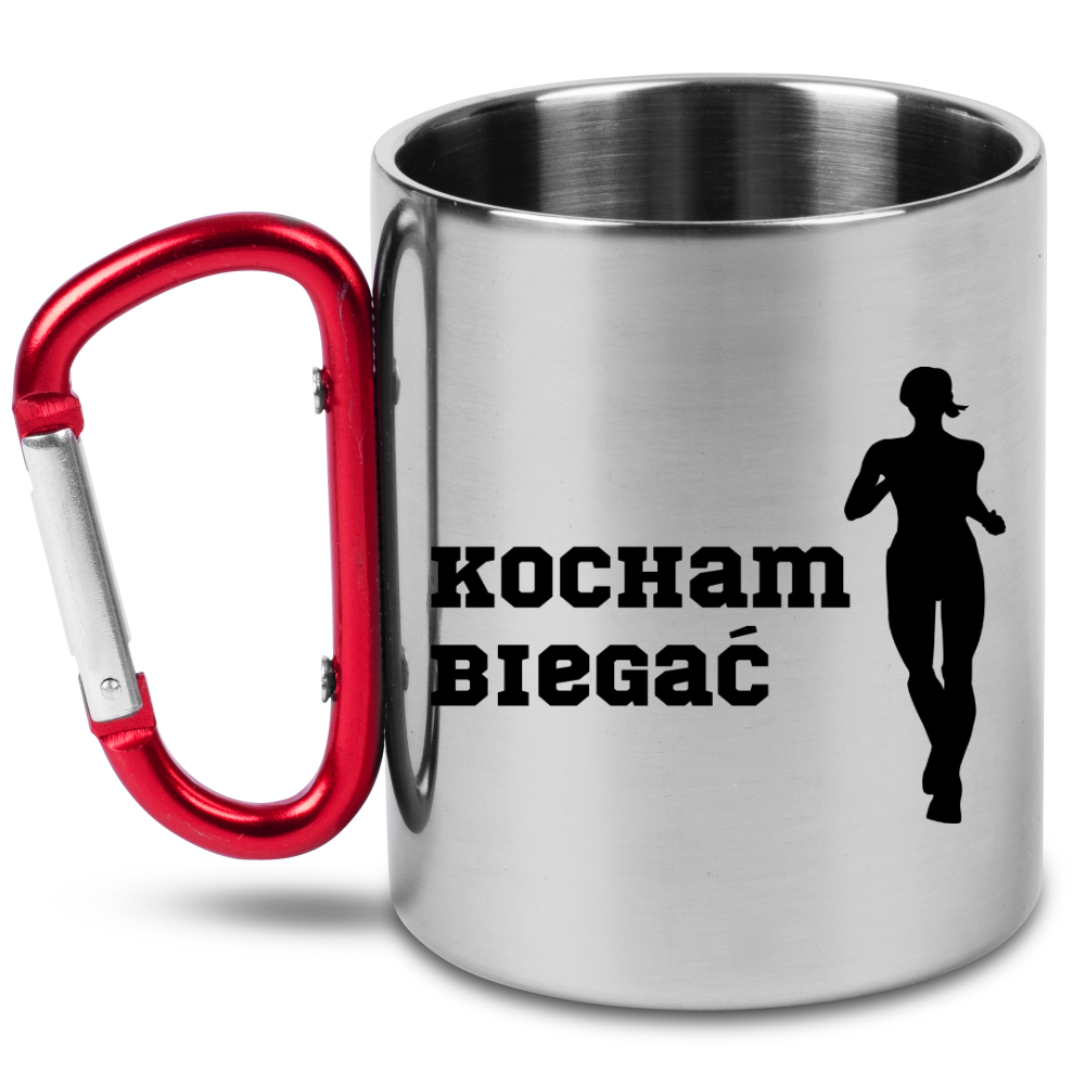 Kubek z czerwonym karabińczykiem – z nadrukiem "Kocham Biegać" – dla biegaczki #4