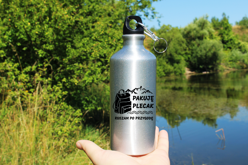 Bidon srebrny 500 ml z nadrukiem "Pakuję plecak, ruszam po przygodę" - przyroda, przygoda #2