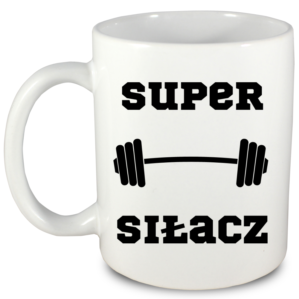 Kubek biały z nadrukiem „Super Siłacz” – na prezent, siłownia #3
