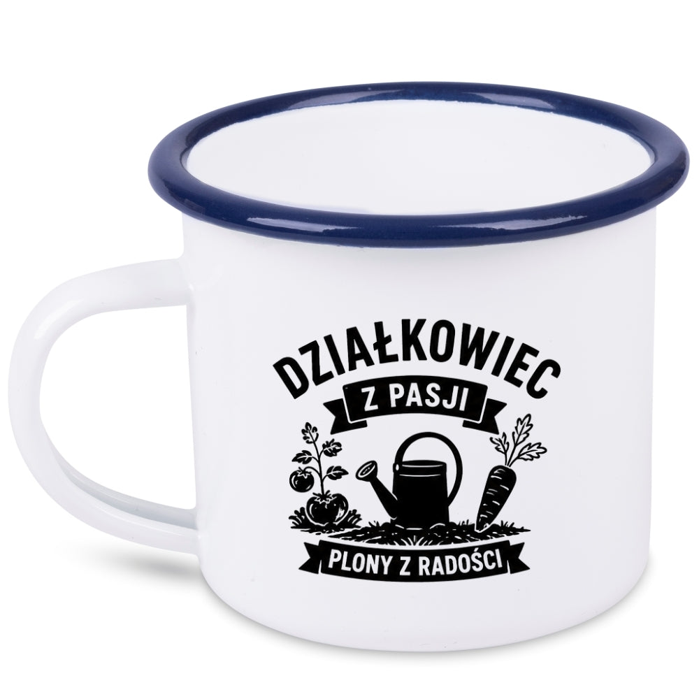Kubek emaliowany biały z nadrukiem „Działkowiec z pasji, plony z radości” – ogród, działka #5