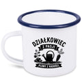 Kubek emaliowany biały z nadrukiem „Działkowiec z pasji, plony z radości” – ogród, działka #5