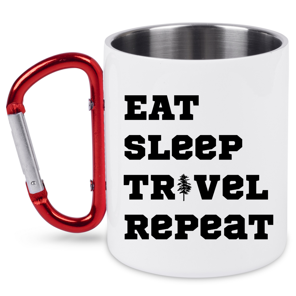 Kubek biały z czerwonym karabińczykiem z nadrukiem „Eat Sleep Travel Repeat” – trekking, podróż #5