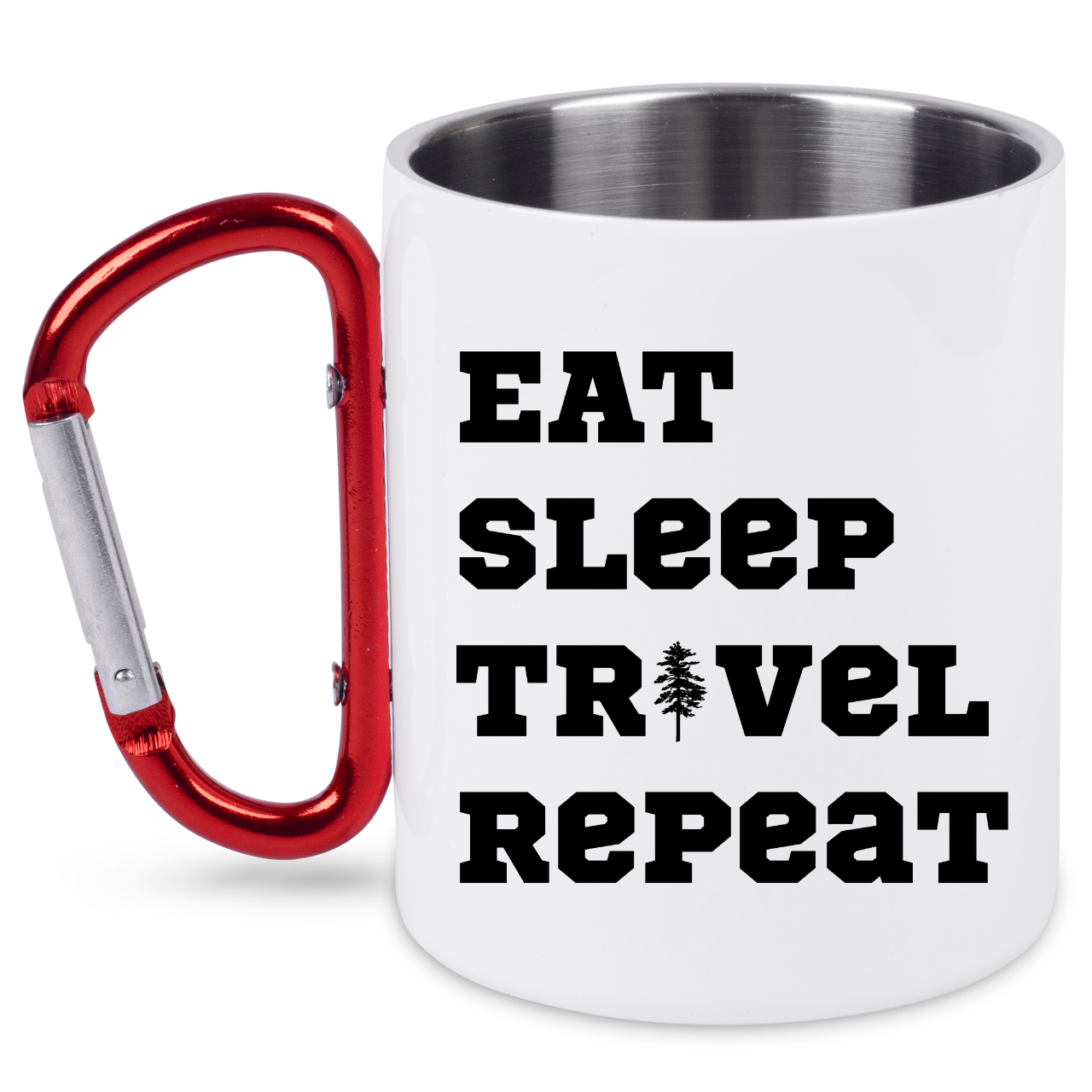 Kubek biały z czerwonym karabińczykiem z nadrukiem „Eat Sleep Travel Repeat” – trekking, podróż #5