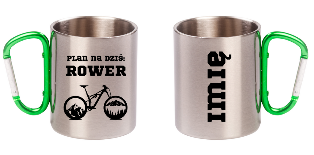 Kubek z zielonym karabińczykiem z nadrukiem „Plan na dziś: rower” – rower #9
