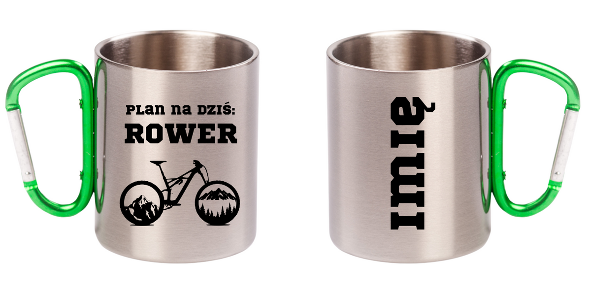 Kubek z zielonym karabińczykiem z nadrukiem „Plan na dziś: rower” – rower #9