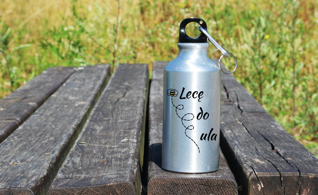 Butelka srebrna 400 ml z nadrukiem „Lecę do ula” – pszczelarstwo #7