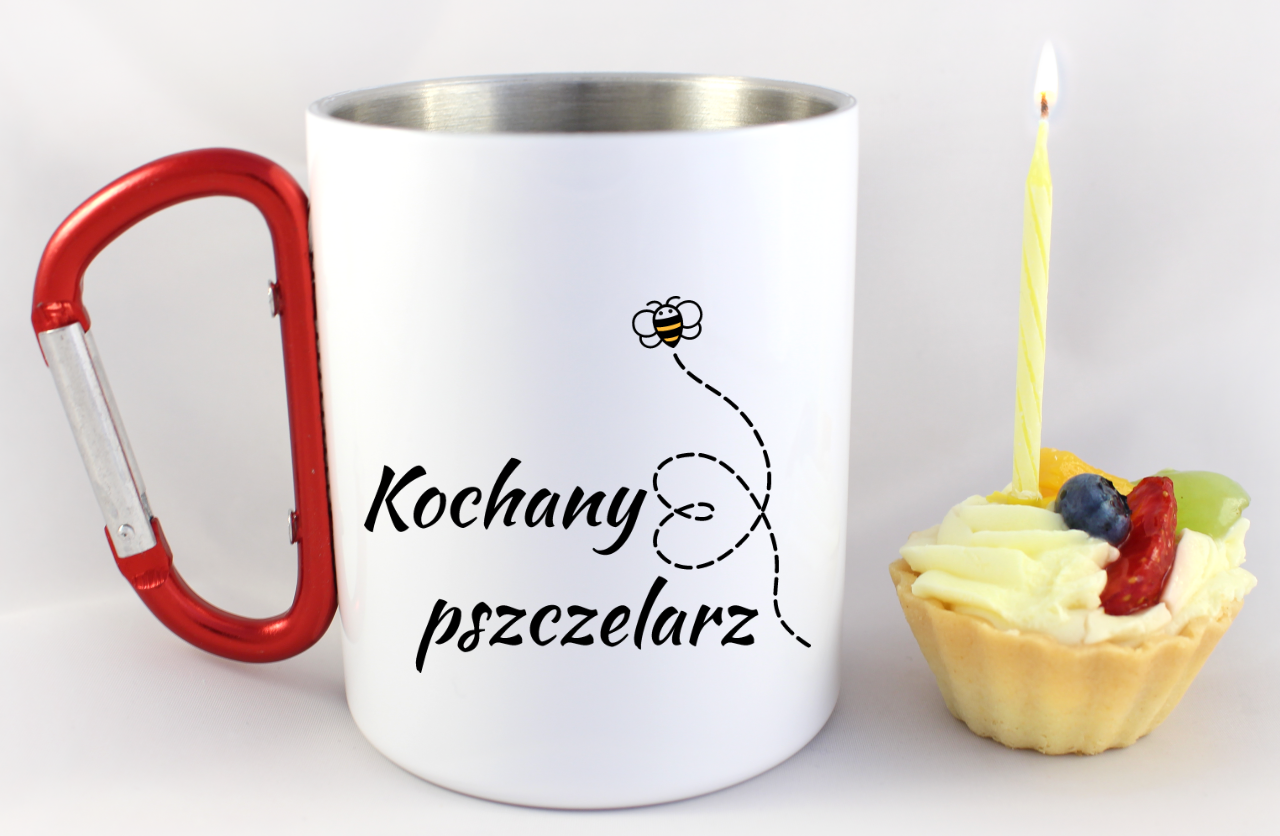 Kubek biały z czerwonym karabińczykiem i nadrukiem „Kochany pszczelarz” – pszczelarstwo #6