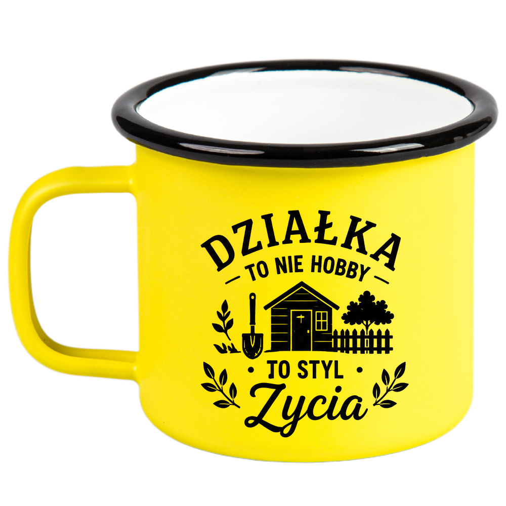 Kubek emaliowany żółty z nadrukiem „Działka to nie hobby, to styl życia” – działka, ogród #8
