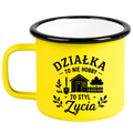 Kubek emaliowany żółty z nadrukiem „Działka to nie hobby, to styl życia” – działka, ogród #8