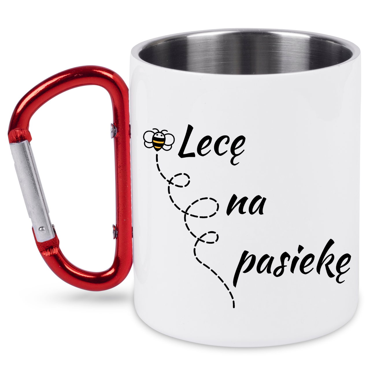 Kubek biały z czerwonym karabińczykiem i nadrukiem „Lecę na pasiekę” – pszczelarstwo #8