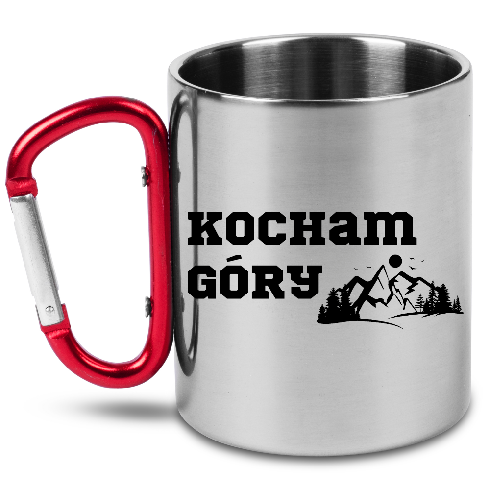 Kubek z czerwonym karabińczykiem i nadrukiem „Kocham Góry” – trekking #7