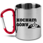 Kubek z czerwonym karabińczykiem i nadrukiem „Kocham Góry” – trekking #7