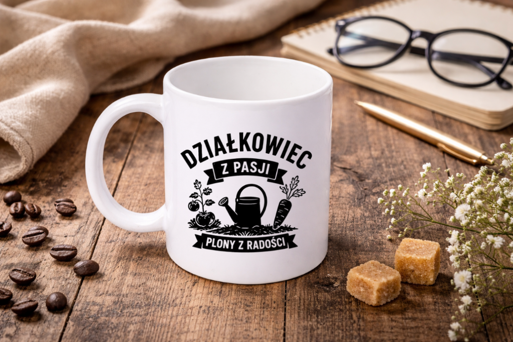 Kubek biały z nadrukiem „Działkowiec z pasji, plony z radości” – ogród, działka #5